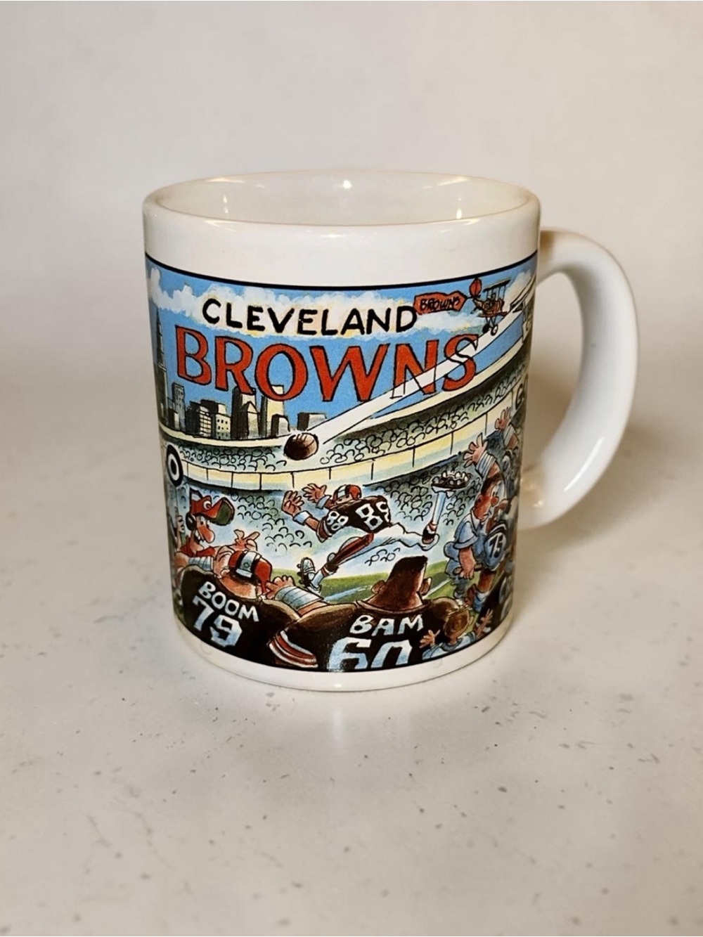Vintage 1989 Cleveland Browns Coffee Mug Cartoon Stadium Art by Bruce Day